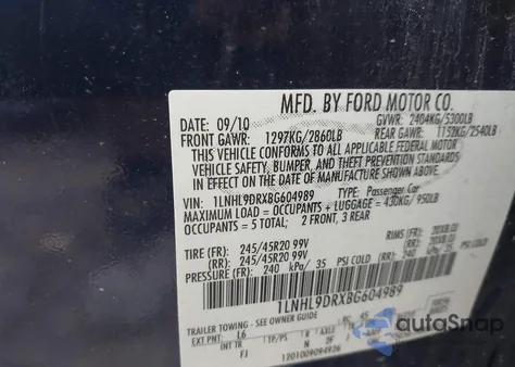 2011 Lincoln Mks из США, поврежденный, VIN 1LNHL9DRXBG604989